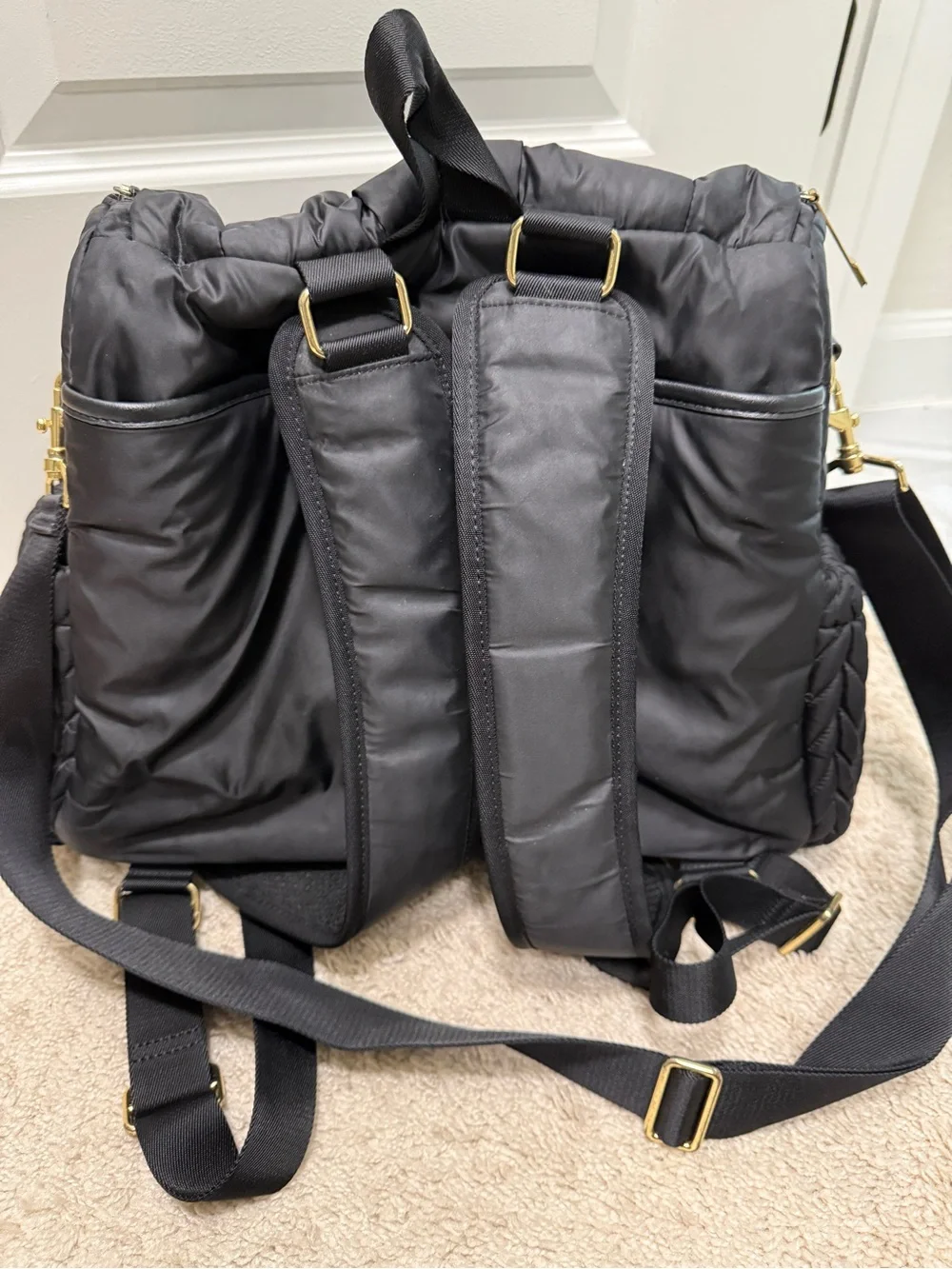 HAPP Levy Backpack - Black Quilted Puffer Backpack with Braided Panels